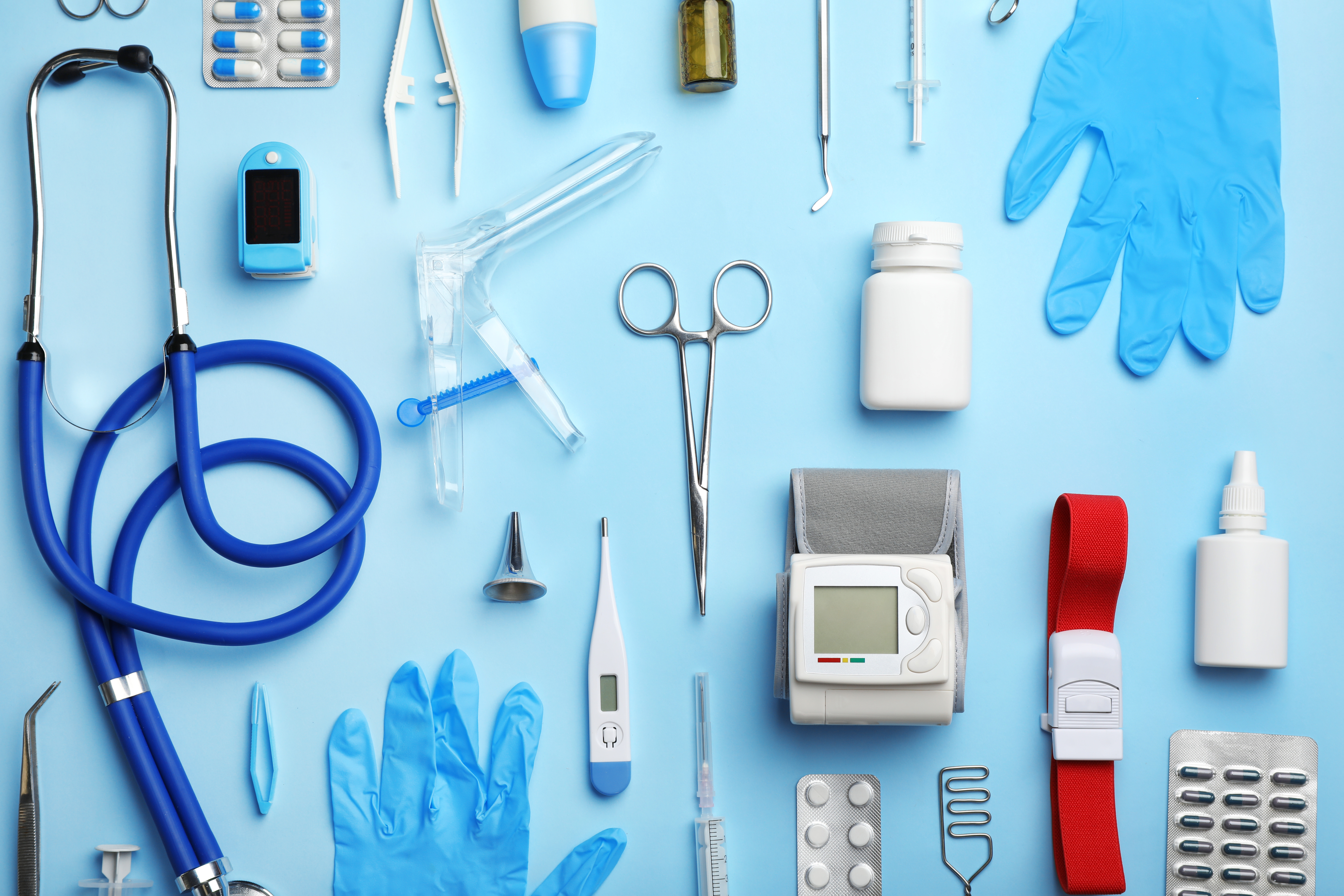 medical devices on blue table