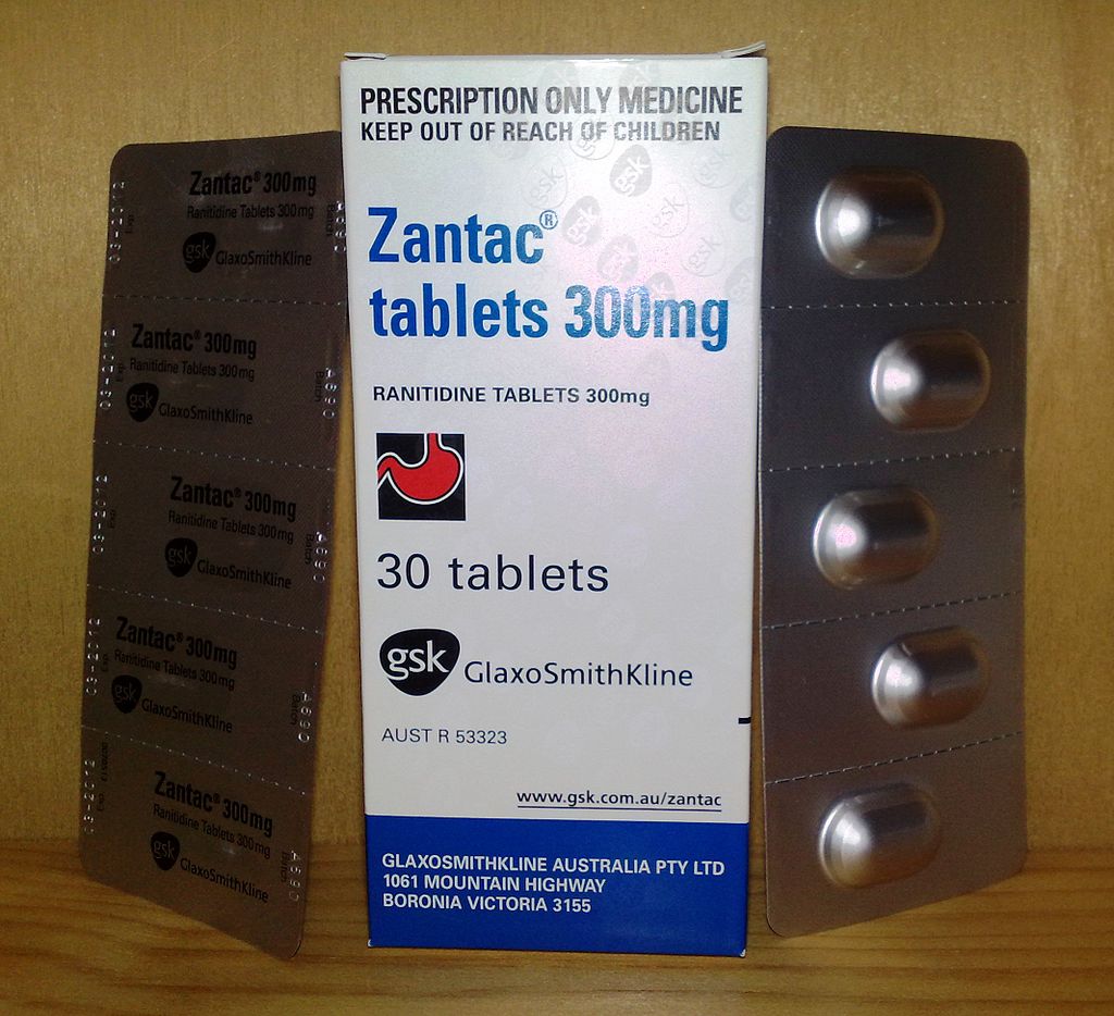 Zantac (ranitidine) 300mg tablets box, front, and back’s designs.