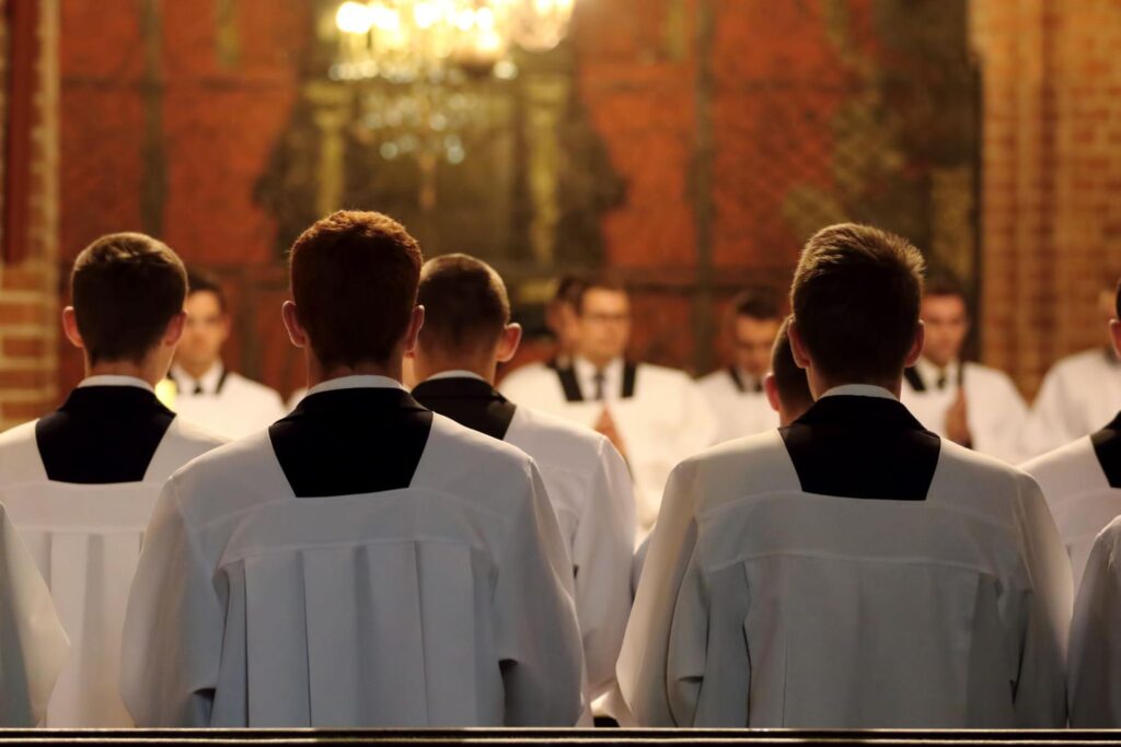 The young clerics of the seminary during Mass.