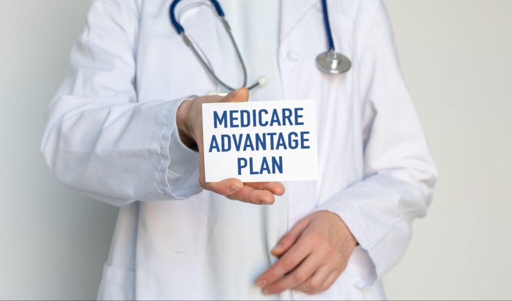 Medicare Advantage Plan text quote on card, concept background.