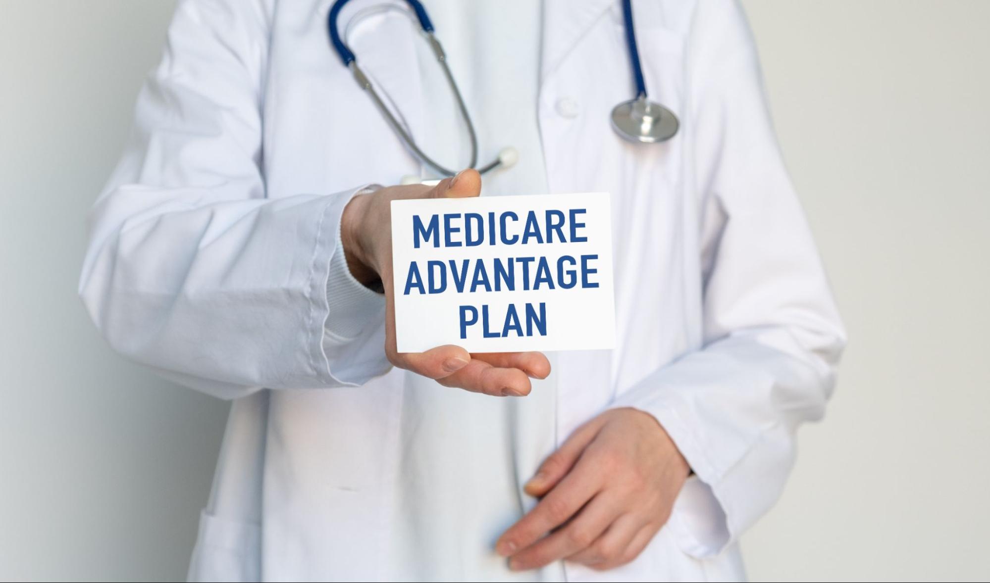 Medicare Advantage Plan text quote on card, concept background.